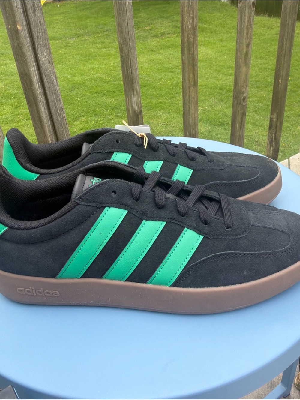 adidas Men’s Black Suede Sneakers with Green Stripes and Gum Sole